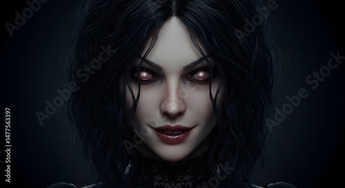 Dark Haired Woman with Glowing Eyes and Eerie Smirk