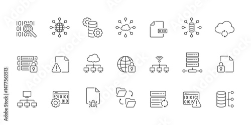 This versatile line icon collection represents digital data concepts like research, optimization, networking, and protection, making it perfect for web and graphic design projects. Editable stroke
