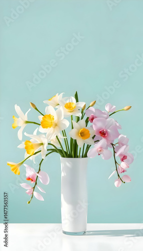 Springtime bouquet of daffodils and orchids in a white vase.