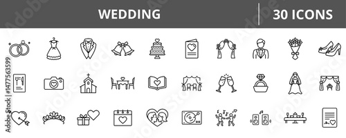 Elegant 30 wedding outline icons for ceremony, couple, celebration, love.