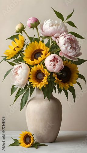 A still life arrangement of peonies and sunflowers in a light beige vase.