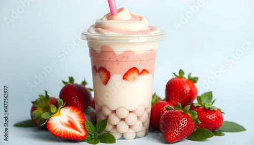 Strawberry milk tea with tapioca pearls in a clear plastic cup.