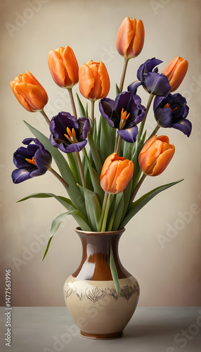 Still life arrangement of vibrant orange and dark purple tulips in a decorative vase.