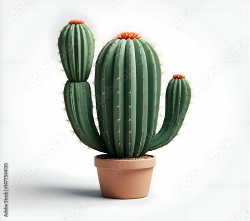 Three-trunked succulent in terracotta planter against a bright backdrop.