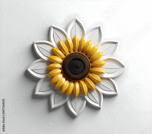 Ornate, three-dimensional sunflower design, in white and yellow.
