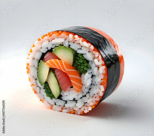 Close-up view of a vibrant and colorful sushi roll.