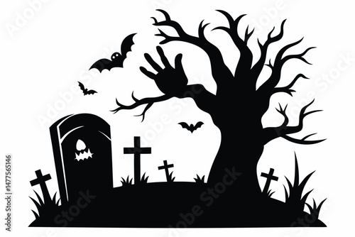 Spooky Halloween shows graveyard with silhouette of gnarled tree, gravestone, and bats