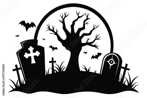 Spooky silhouette of a graveyard with gravestones, bats, and a bare tree evokes eeriness