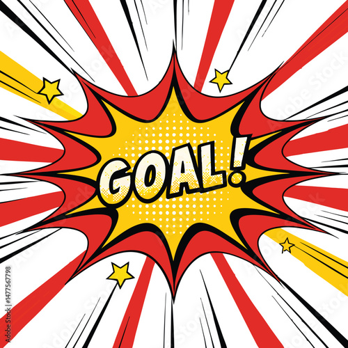 Illustrate a vibrant, comic-style explosion emanating from a soccer ball entering a goal, depicting celebratory action and dynamic movement.