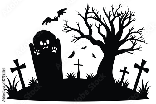 Spooky silhouette graveyard featuring tombstones, bats, a skull tombstone, and barren tree evokes Halloween