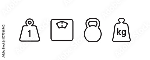 Weight and scale icons including kettlebell and kilogram symbols Vector
