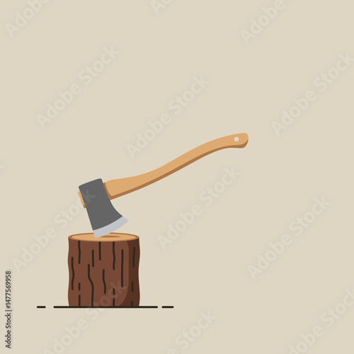 Axe embedded in chopped log on neutral background  