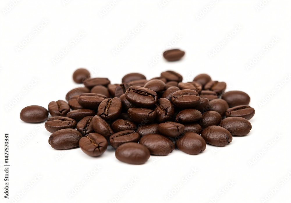 A tightly framed shot of a small pile of dark roasted coffee beans scattered on a stark white background. A tightly framed shot of a small pile of dark roasted coffee beans scattered on a stark white background.