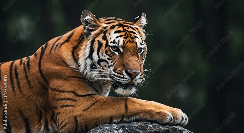 Fototapeta premium Resting Tiger Portrait on Rock with Natural Dark Green Background