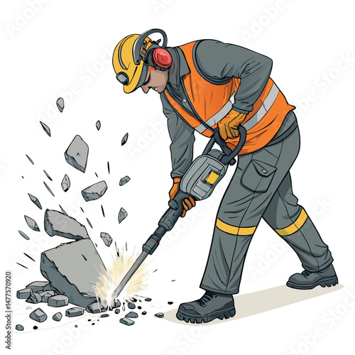 A futuristic construction worker, powerfully built, wielding a glowing jackhammer; neon city backdrop; cyberpunk aesthetic;  brooding expression.