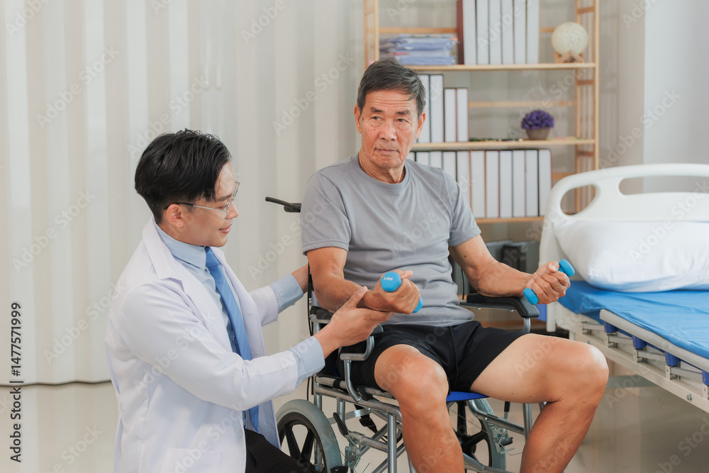 Fototapeta premium Patient with weak arm muscles doing light dumbbell exercises during physical therapy to regain strength and support physical recovery.
