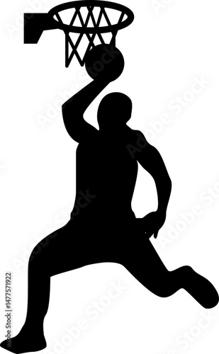 Basketball player performing a slam dunk silhouette. Vector illustration on transparent background