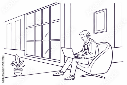 Sketch style doodle of business man executive working on laptop sitting on chair in modern office
