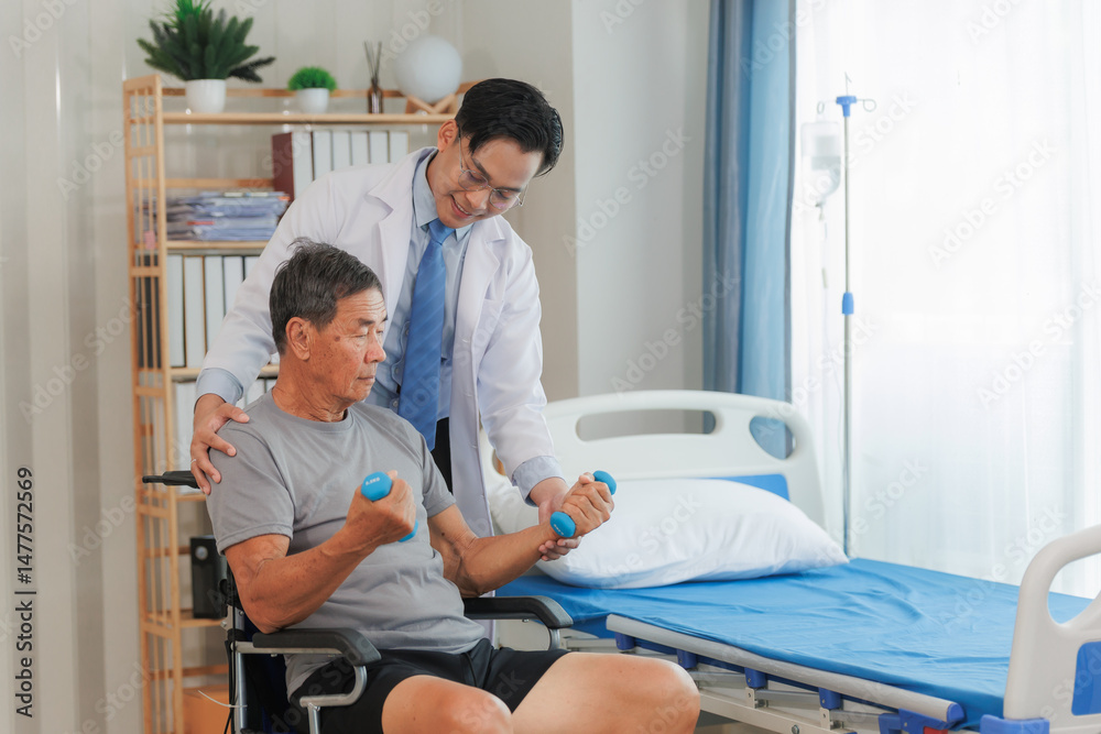 Fototapeta premium Patient with weak arm muscles doing light dumbbell exercises during physical therapy to regain strength and support physical recovery.