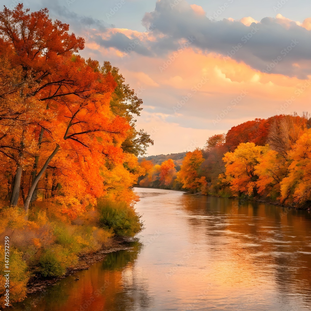 Obraz premium Panoramic Landscape At Autumn With Tree And Mountan Red Autumn In The Park.