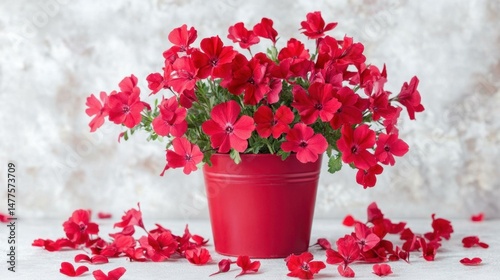 Fresh red blossoms bursting from a flower pot in matching red color, positioned on seamless white background