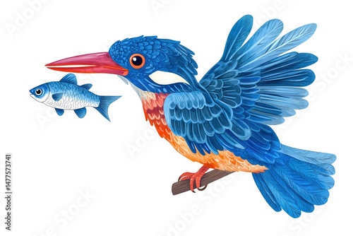 A colorful kingfisher with bright blue feathers, perched with a fish in its beak, isolated on white