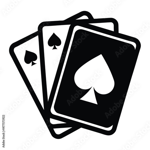 Three spade cards appear stacked in a monochrome black and white illustration