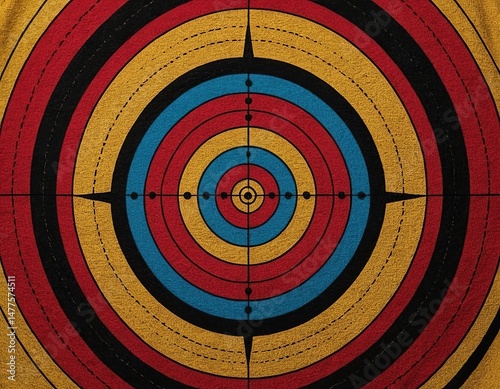 Vibrant archery target featuring concentric circles in red, blue, and yellow hues.