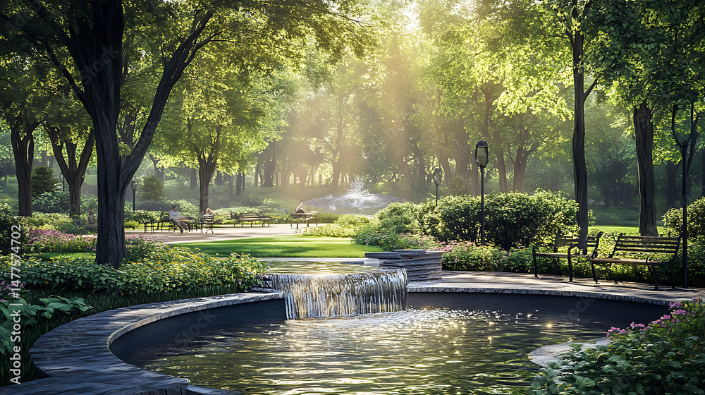 Obraz premium Classic geometric garden with central fountain and greenery high resolution picture