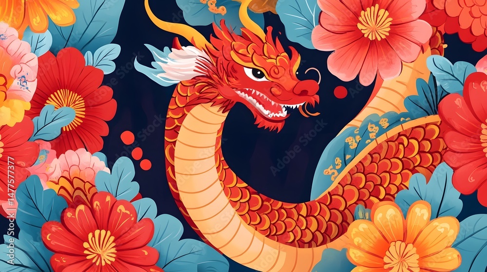 Obraz premium Vibrant Chinese dragon surrounded by ornate floral patterns