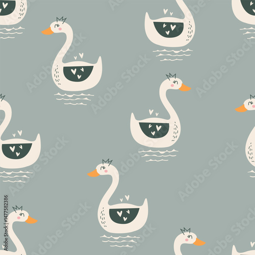 Cute swan seamless pattern. Childish and playful  vector illustration for kids or baby apparel,  textile, print, wrapping paper, kindergarten, bedding and other
