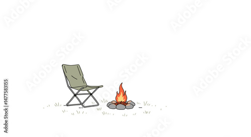 Camping chair beside a small fire pit in a grassy area  