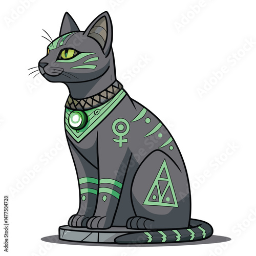 Generate a digital painting of a dilapidated ancient temple cat, its fur imbued with glowing, arcane runes.  The runes pulse with an eerie, otherworldly light.
