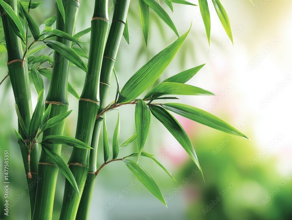Fototapeta premium Green bamboo stalks and leaves with a blurred natural background, conveying freshness and tranquility.