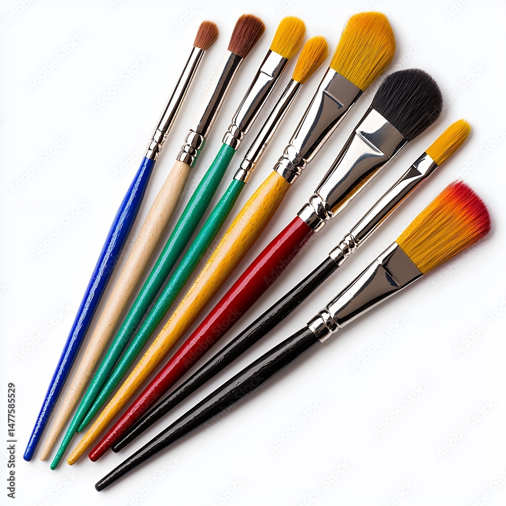 Fototapeta premium Seven Colorful Paintbrushes on White Background