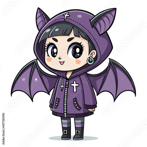 A cute gothic bat girl, dark hair, oversized hoodie, captivating eyes,  holding a gothic-style charm or cross, whimsical aesthetic.