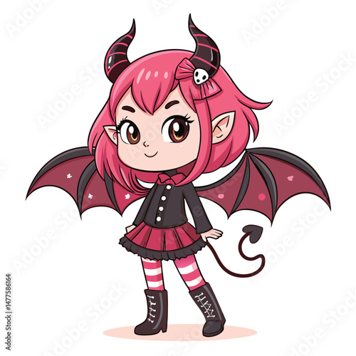 A cute, chibi-style succubus child with candy-corn horns, small bat-like wings, and a mischievous grin, holding a lollipop.