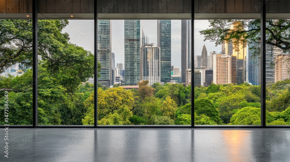 Naklejka premium Modern building interior with large windows showcasing a cityscape and lush green park.