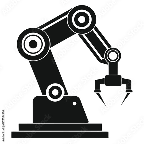 Black robotic arm with gripping claws is displayed against a white background