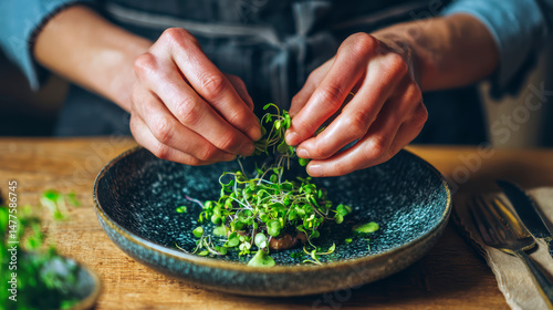 Hands decorating a dish with microgreens. Healthy eating