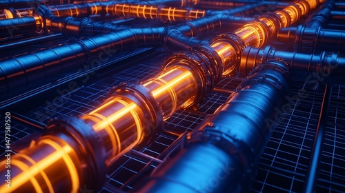 glowing gas pipeline network map with illuminated routes