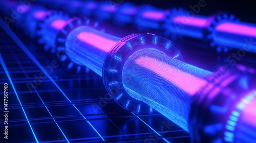 glowing gas pipeline network map with illuminated routes, set on a futuristic grid-style background in deep blue tones