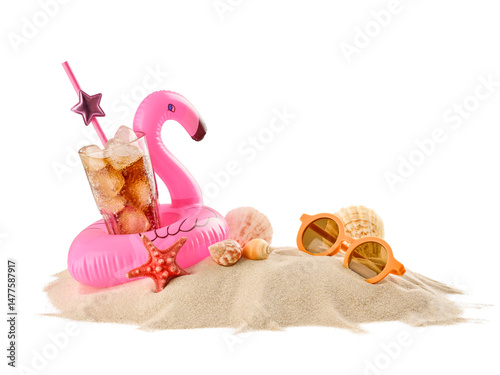 Wooden signboard with sunglasses, starfish, shells, pink flamingo inflatable ring and glass of cold tonic with ice on sandy island isolated on white background with clipping path. Design element.