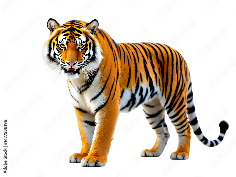 Fototapeta premium Majestic Bengal Tiger Standing Isolated Black Background Powerful Wildcat Orange Stripes Fur Wildlife Predator Animal Nature Photography Image big apex eyes 