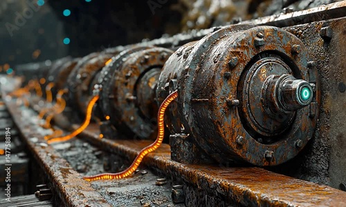 Rusty machinery with glowing wires in a dimly lit industrial tunnel, showcasing decay and technology