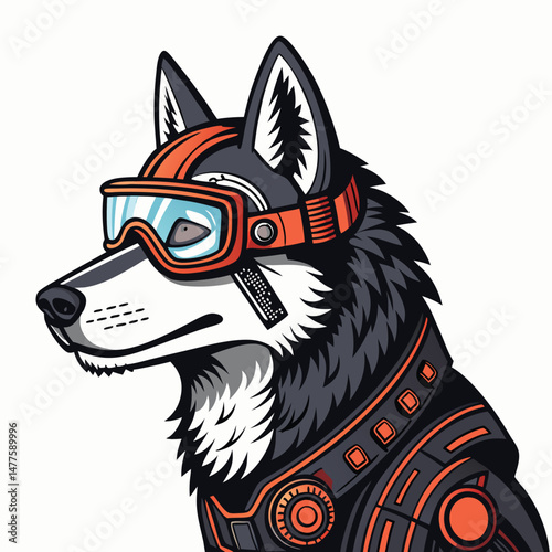 Cyberpunk husky dog, neon green goggles, intricate mechanical enhancements, futuristic city backdrop, detailed fur texture.