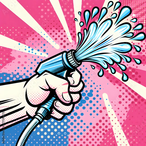 generate AI illustration of a hand holding a water hose and spraying it