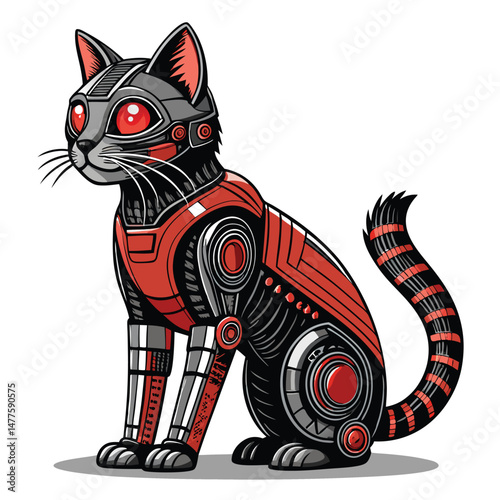 Create a detailed illustration of a sleek cyborg cat, possessing glowing crimson eyes and advanced metallic limbs.  Showcase intricate detail in both the organic and robotic elements.