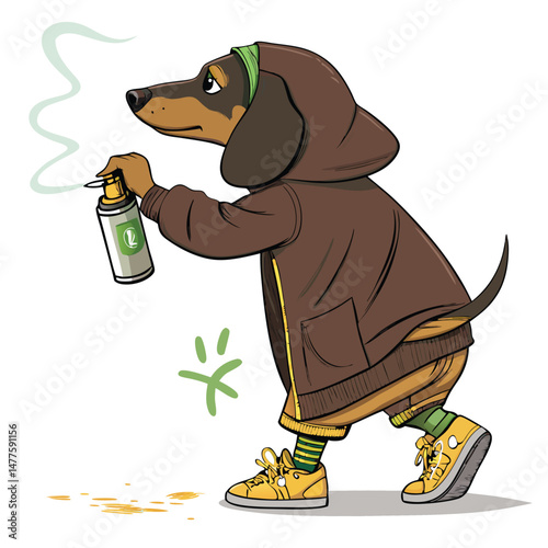 A dapper dachshund in a stylish hoodie and gold sneakers skillfully sprays graffiti art on a brick wall.