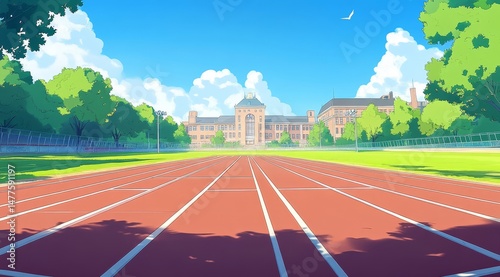 An animated depiction of a school track with a building in the background